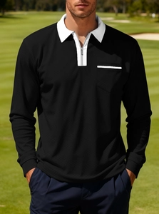 Close-up of black men's long sleeve polo shirt with white collar and zipper detail