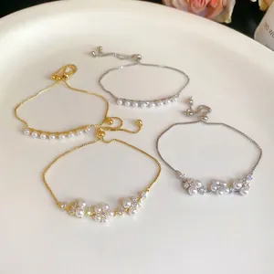 Luxurious flower pearl bracelets with sparkling zircons in gold and silver plating