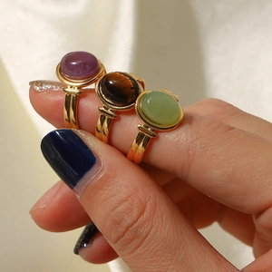 18K gold plated oval ring set with tiger eye, green and purple semi-precious stones