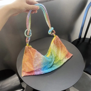 Rainbow gradient rhinestone hobo bag with unique knotted handle for evening wear