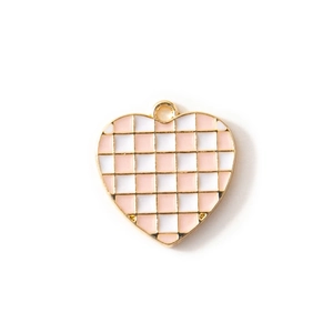 Pink and white checkerboard enamel heart pendant with golden metal plating finish