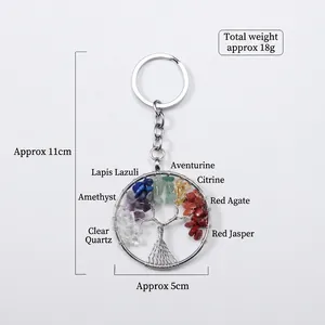 Handmade Tree of Life keychain with natural colorful gemstones on white background
