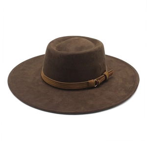 Flat Top Breitkrempiger Fedora Hut Wildlederimitat Retro Filz Western Boater Mit Ledergürtel Metallschnalle Für Damen