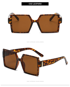 Detail view of leopard print square sunglasses with brown lenses from multiple angles