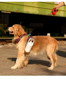 Portable pet water bottle with a hanging clip attached to a dog harness outdoors