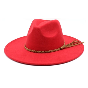 Red wool felt fedora with a wide brim, featuring a brown braided band and tassel accent