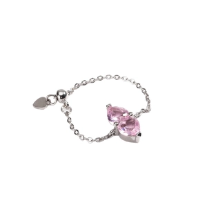 Silver adjustable chain ring featuring two elegant pink heart gemstones on a white background