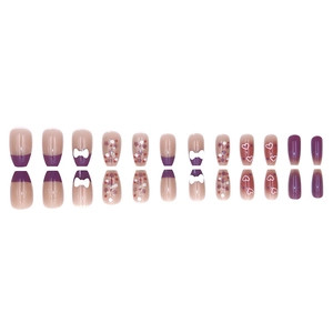 Purple French press-on nails with 3D bows, heart patterns, and glitter sequins