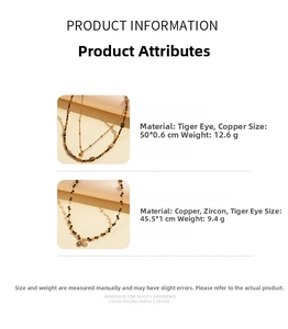 Detailed chart showing sizes and materials of 18k gold plated tiger eye necklaces