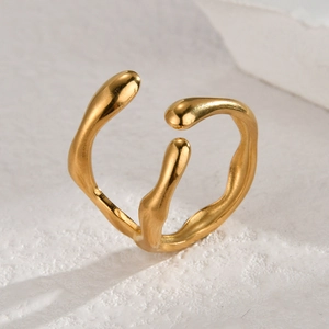 Irregular 14K gold geometric open ring with minimalist fluid curved metal lines for women