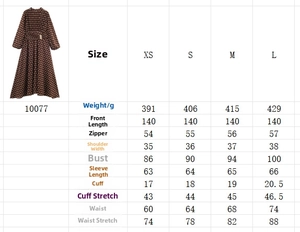 Detailed size chart for elegant polka dot long dress with pleated high neck design