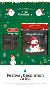 Adesivi natalizi con pupazzo di neve, scatole regalo e scritte festive per finestre