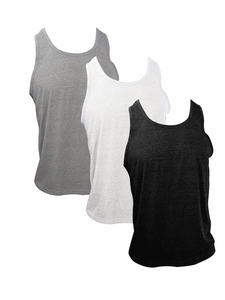 Three-pack of men's gym tank tops in grey, white, and black with soft cotton texture