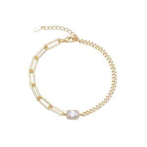 Macro detail of gold S925 sterling silver bracelet with square zircon and hallmark