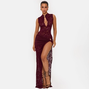 Detail of burgundy lace dress with cheongsam collar, cutout chest, and high side slit