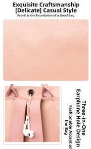 Detail of pink lychee grain leather backpack with a functional metal earphone hole