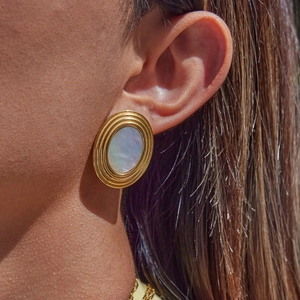 Elegant 18K gold-plated oval stud earrings with mother-of-pearl inlay worn by a model