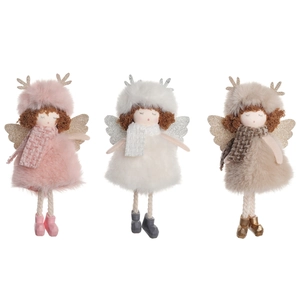 Three plush Christmas angel doll ornaments with deer antlers in pink, white, and khaki
