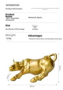 Size chart showing a gold resin bull statue measuring 28x18x16cm with 1270g weight