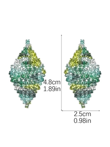 Detail view of green and yellow crystal rhombic earrings with dimensions of 4.8cm by 2.5cm