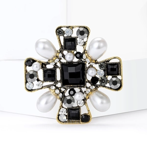 Baroque style gold cross brooch with black gems and white pearls for suits and coats