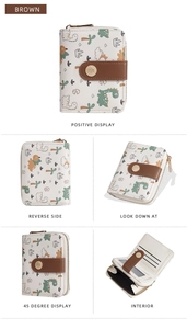 Detailed multi-angle views of short beige bifold wallet with bear print and brown buckle