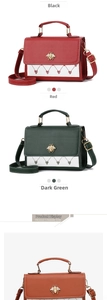 Detail showing red and green bee handbags with heart embroidery and metallic accents