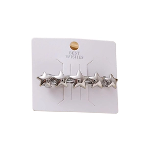 Silver zinc alloy spring hair clip with five linked stars on card display packaging
