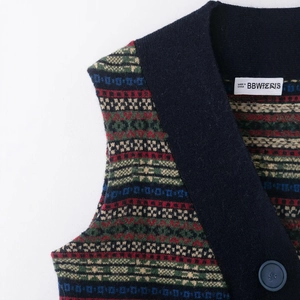 Fair Isle pattern knit vest with colorful argyle design and dark blue ribbed neckline