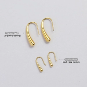 Polished 18K gold titanium steel water drop hook earrings in small and large sizes