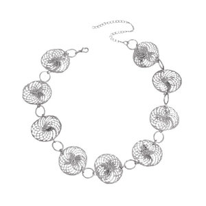 Macro detail of silver alloy bird nest spiral sphere necklace with adjustable lobster clasp