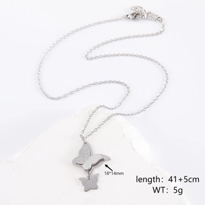 Detailed dimensions of double-layered butterfly pendant necklace on a stone base
