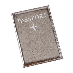 Silver metallic passport cover with embossed plane icon and white passport text