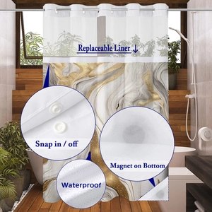 Detail of snap-in replaceable liner and waterproof marble shower curtain with bottom magnets