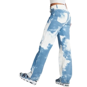 Women's slim fit long denim trousers featuring stylish blue and white cloud print pattern