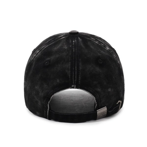 Distressed black cotton baseball cap with letter embroidery and metal buckle closure