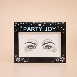 Detailed view of holographic face gems with round and teardrop shapes on black card