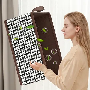 Foldable fabric storage box with houndstooth pattern and sturdy handles for closets