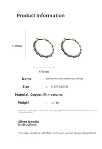 Macro detail of twisted gold-plated hoop earrings with blue rhinestones and dimensions