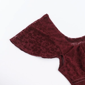 Detail of dark red floral mesh lace fabric and flutter sleeve on the square neck top
