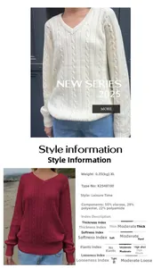 Detail of V-neck cable knit sweater showing fabric texture and material specifications