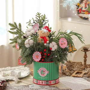 Christmas Tree Desktop Decoration With Plush Bear Artificial Pine Cotton Red Berries Metal Bucket For Holiday Home Office Table