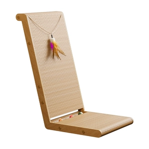 Vertical L-shaped cardboard cat scratcher with feather toy and rolling ball track