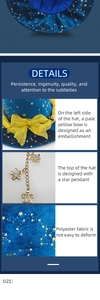 Detail of blue Halloween witch hat with gold stars, yellow bow and star pendant charm