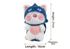 Detail view of plush shark cat backpack showing dimensions 27cm height and 16cm length