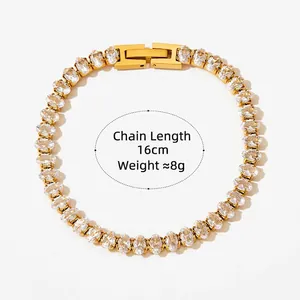 Gold plated stainless steel tennis bracelet with oval cubic zirconia, 16cm length