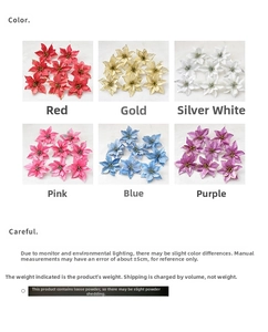 Detail showing 13cm artificial glitter poinsettia flowers in six festive colors for decor