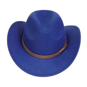 Overhead view of a blue felt cowboy hat with a brown decorative leather belt strap