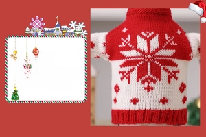 Detailed view of red and white knitted Christmas wine bottle cover with snowflake pattern