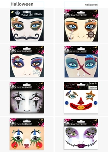 Set of 8 Halloween face art stickers featuring glitter shamrocks and costume jewels